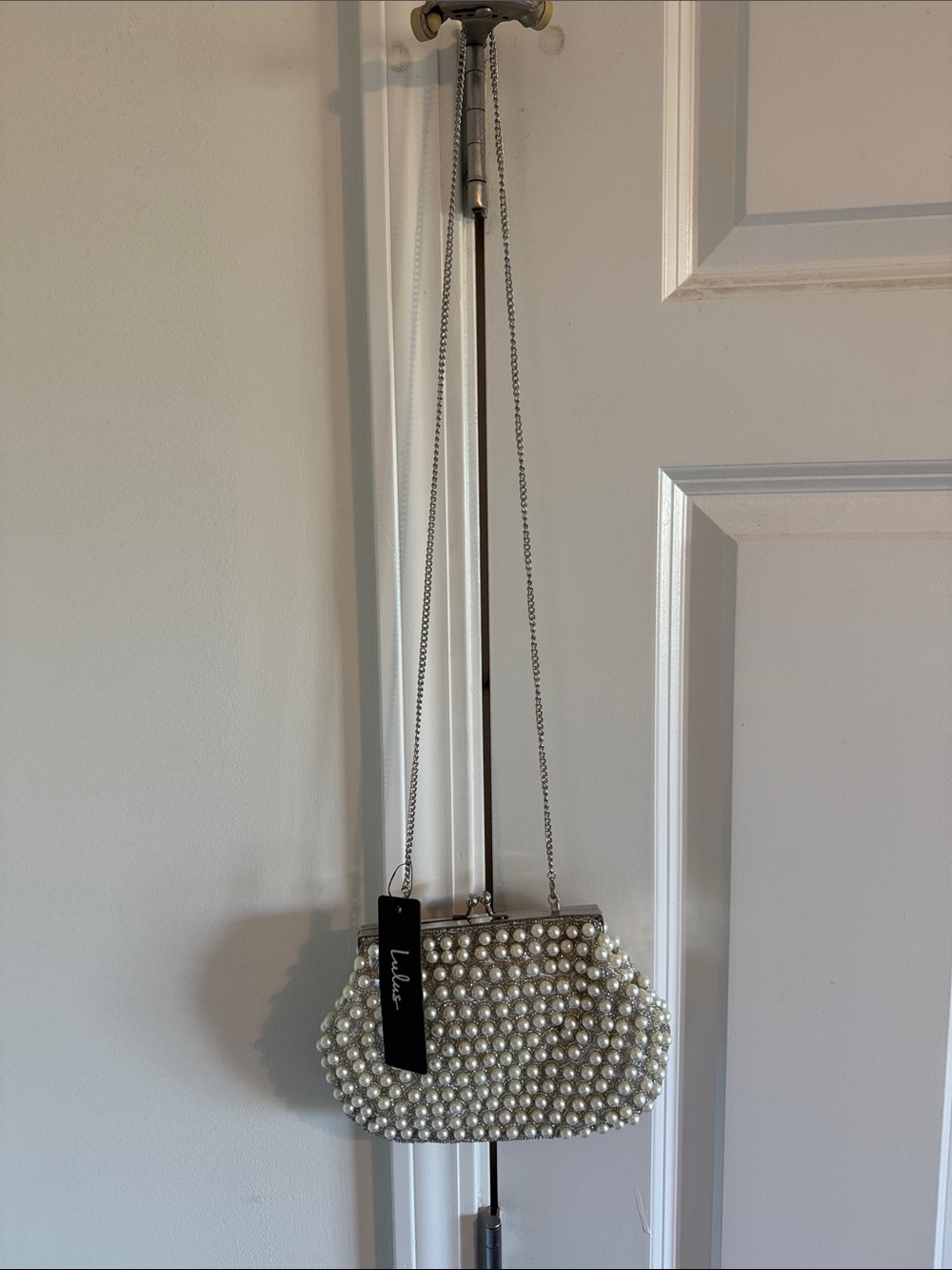 Lulu's Pearl-Embellished Clutch in Ivory with Silver Chain